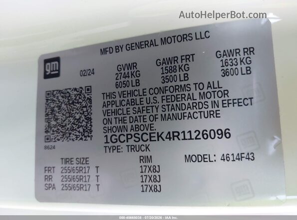 1GCPSCEK4R1126096 2024 CHEVROLET COLORADO White ძრავის განყოფილების ხედი