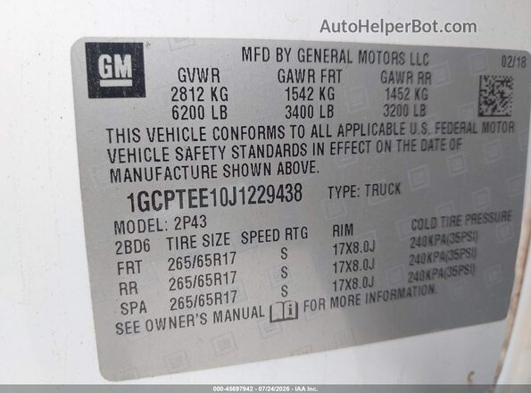 1GCPTEE10J1229438 2018 CHEVROLET COLORADO White ძრავის განყოფილების ხედი