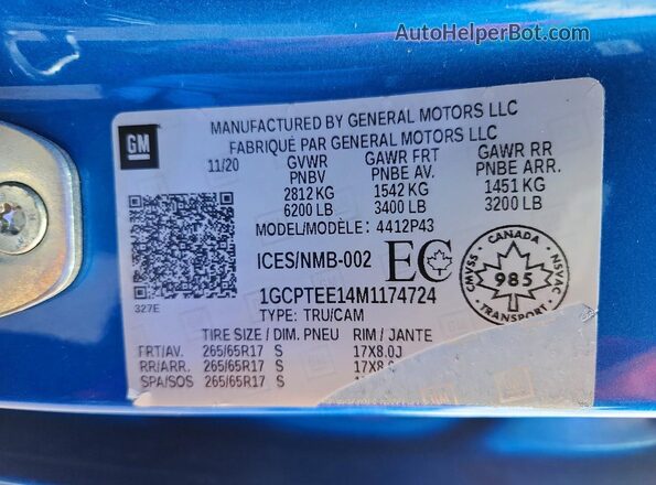 1GCPTEE14M1174724 2021 CHEVROLET COLORADO Blue Vista del compartimento del motor