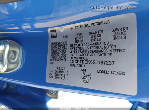 1GCPTEEK6S1187237 2025 CHEVROLET COLORADO Blue Widok komory silnika