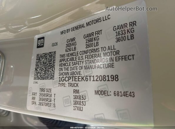 1GCPTEEK6T1208198 2026 CHEVROLET COLORADO Beige Widok komory silnika