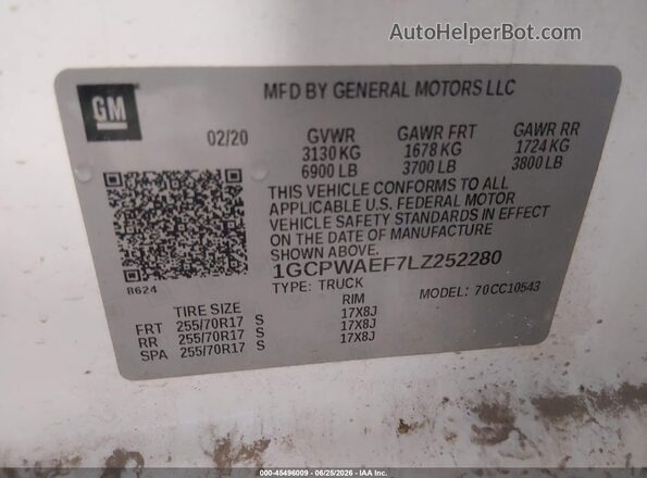 1GCPWAEF7LZ252280 2020 CHEVROLET SILVERADO White Widok komory silnika