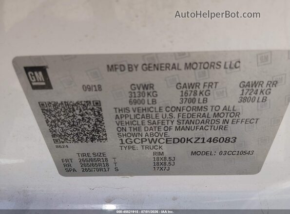 1GCPWCED0KZ146083 2019 CHEVROLET SILVERADO White Вид підкапотного простору