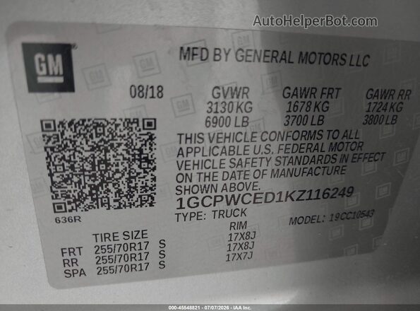1GCPWCED1KZ116249 2019 CHEVROLET SILVERADO Silver Вид підкапотного простору
