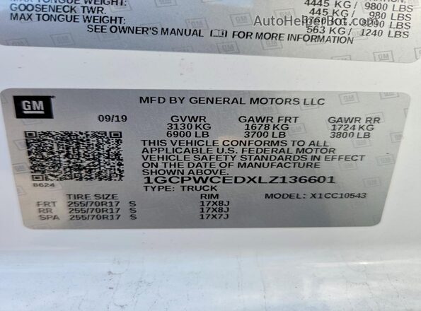 1GCPWCEDXLZ136601 2020 CHEVROLET SILVERADO White VIN sticker view