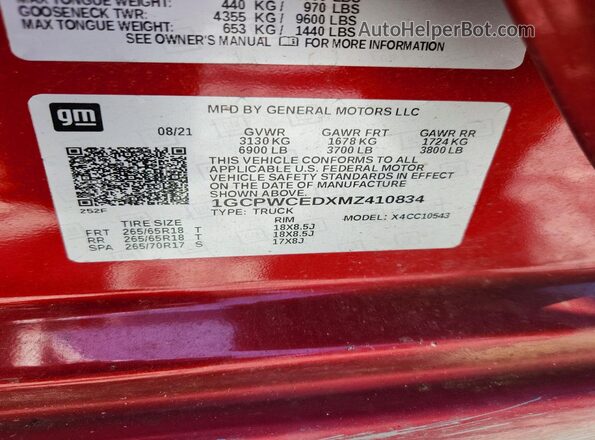 1GCPWCEDXMZ410834 2021 CHEVROLET SILVERADO Бордовый Вид наклейки с VIN-кодом