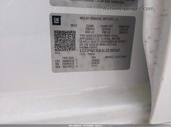 1GCPWCEK1LZ130152 2020 CHEVROLET SILVERADO Белый Вид подкапотного пространства