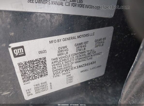 1GCPWCEK1MZ341434 2021 CHEVROLET SILVERADO Gray ძრავის განყოფილების ხედი