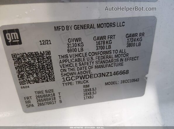 1GCPWDED3NZ146668 2022 CHEVROLET SILVERADO White ძრავის განყოფილების ხედი