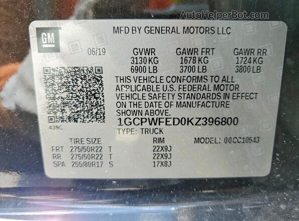 1GCPWFED0KZ396800 2019 CHEVROLET SILVERADO Brown VIN կոդի պիտակի տեսք