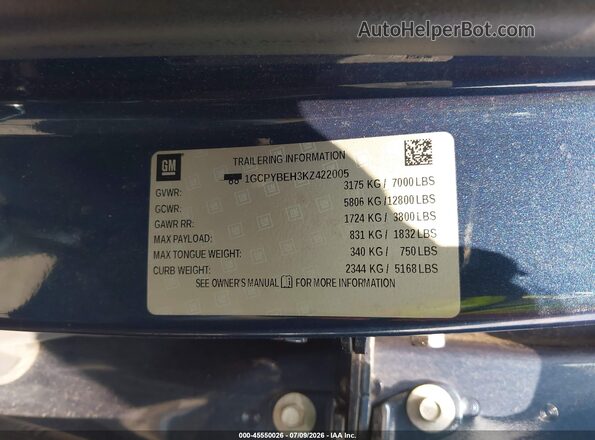 1GCPYBEH3KZ422005 2019 CHEVROLET SILVERADO Blue Շարժիչի բաժամունքի տեսք