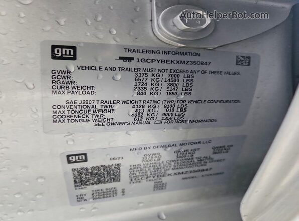 1GCPYBEKXMZ350847 2021 CHEVROLET SILVERADO Silver Widok naklejki z numerem VIN