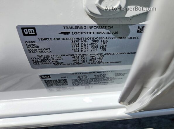 1GCPYCEF0MZ383736 2021 CHEVROLET SILVERADO White Вид наклейки з VIN-кодом