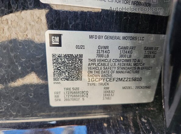 1GCPYCEF2MZ215810 2021 CHEVROLET SILVERADO Black Vista de la etiqueta del VIN