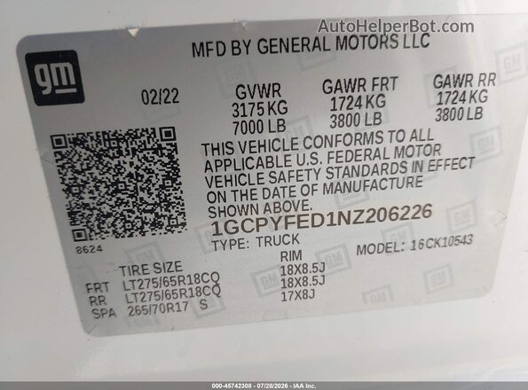1GCPYFED1NZ206226 2022 CHEVROLET SILVERADO White Widok komory silnika