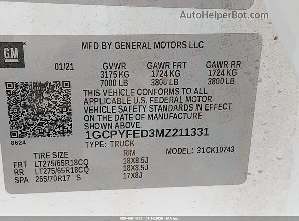 1GCPYFED3MZ211331 2021 CHEVROLET SILVERADO Белый Вид подкапотного пространства