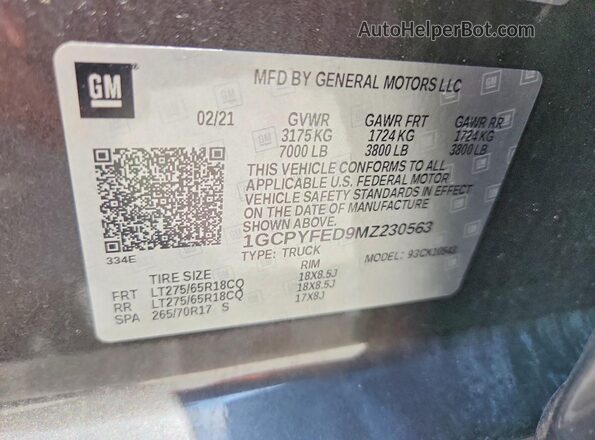 1GCPYFED9MZ230563 2021 CHEVROLET SILVERADO Brown Вид наклейки з VIN-кодом