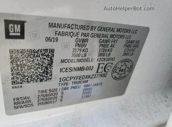 1GCPYFEDXKZ377682 2019 CHEVROLET SILVERADO White Widok naklejki z numerem VIN