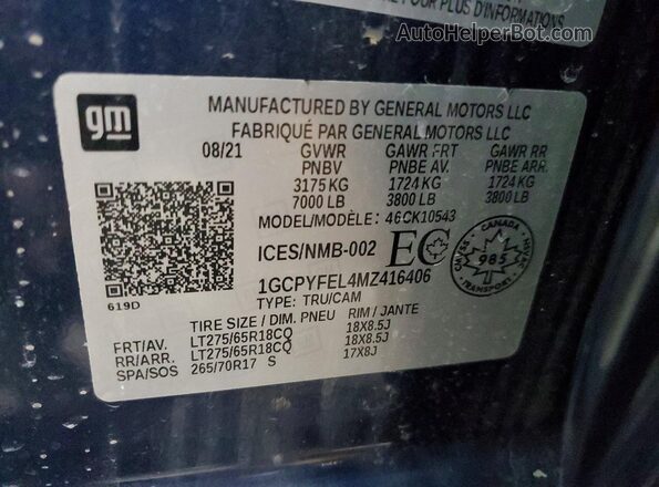 1GCPYFEL4MZ416406 2021 CHEVROLET SILVERADO Blue Widok naklejki z numerem VIN