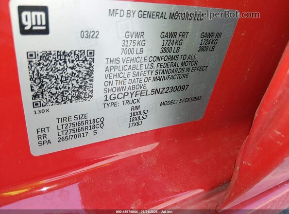1GCPYFEL5NZ230097 2022 CHEVROLET SILVERADO Red Vista del compartimento del motor