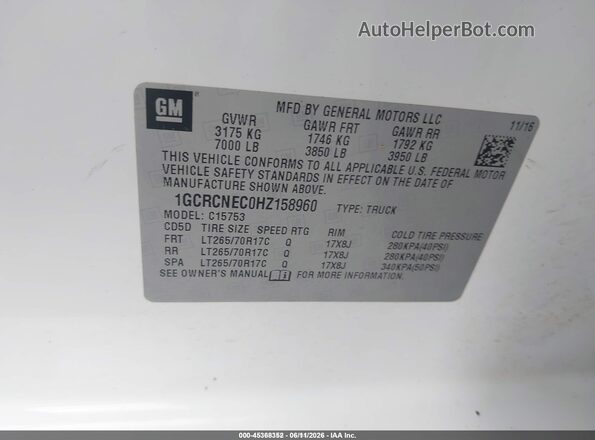 1GCRCNEC0HZ158960 2017 CHEVROLET SILVERADO White Շարժիչի բաժամունքի տեսք