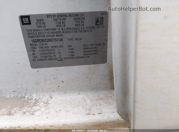 1GCRCNEC2HZ152108 2017 CHEVROLET SILVERADO White Vista del compartimento del motor