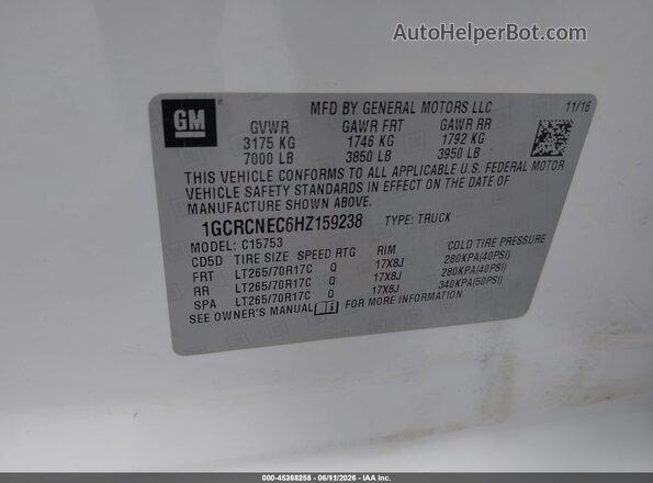 1GCRCNEC6HZ159238 2017 CHEVROLET SILVERADO White Շարժիչի բաժամունքի տեսք