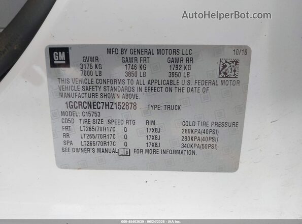 1GCRCNEC7HZ152878 2017 CHEVROLET SILVERADO White Widok komory silnika