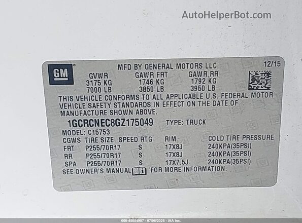1GCRCNEC8GZ175049 2016 CHEVROLET SILVERADO White Շարժիչի բաժամունքի տեսք