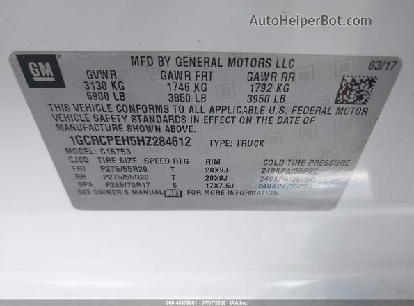 1GCRCPEH5HZ284612 2017 CHEVROLET SILVERADO White Շարժիչի բաժամունքի տեսք