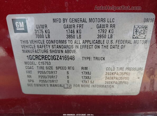 1GCRCREC0GZ416948 2016 CHEVROLET SILVERADO Burgundy Widok komory silnika