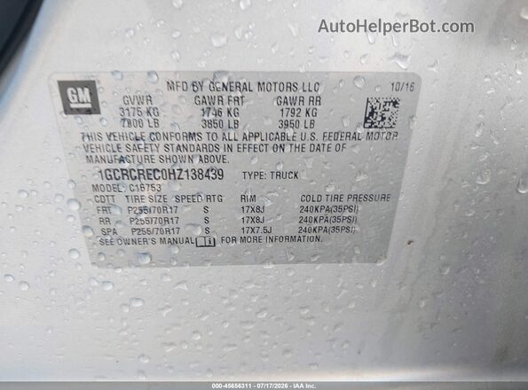 1GCRCREC0HZ138439 2017 CHEVROLET SILVERADO Gray Widok komory silnika
