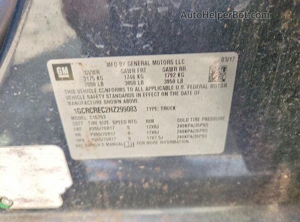 1GCRCREC2HZ299083 2017 CHEVROLET SILVERADO Gray VIN კოდის სტიკერის ხედი
