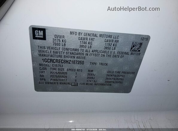1GCRCREC8HZ187260 2017 CHEVROLET SILVERADO White Вид підкапотного простору
