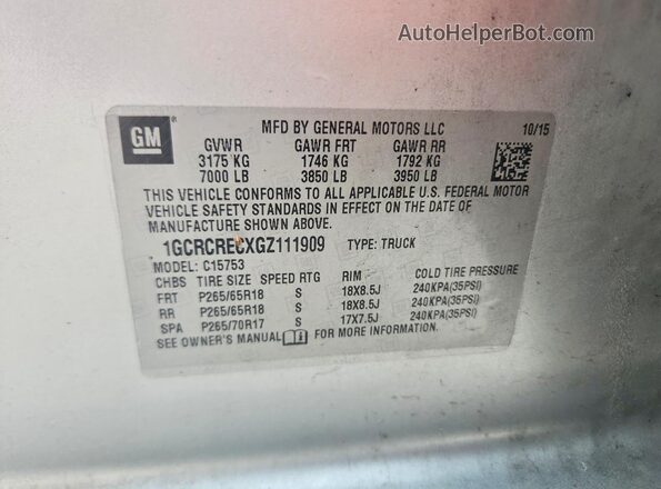 1GCRCRECXGZ111909 2016 CHEVROLET SILVERADO Silver Vista de la etiqueta del VIN