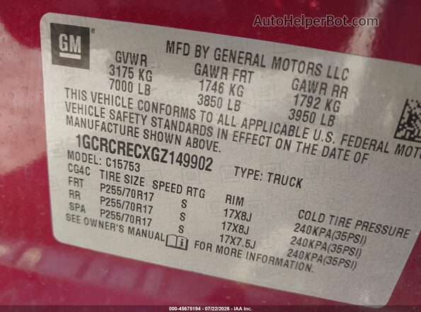 1GCRCRECXGZ149902 2016 CHEVROLET SILVERADO Red Вид підкапотного простору