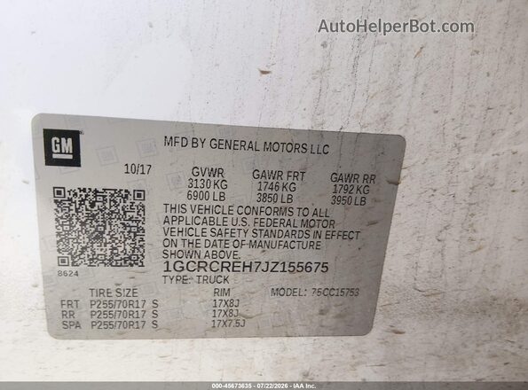 1GCRCREH7JZ155675 2018 CHEVROLET SILVERADO White Вид підкапотного простору