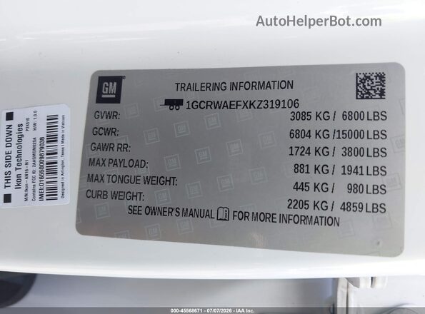 1GCRWAEFXKZ319106 2019 CHEVROLET SILVERADO White Вид підкапотного простору
