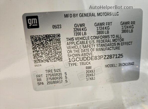 1GCUDDE83PZ287125 2023 CHEVROLET SILVERADO Белый Вид наклейки с VIN-кодом