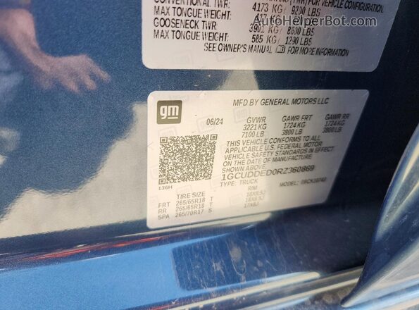 1GCUDDED0RZ360869 2024 CHEVROLET SILVERADO Blue VIN კოდის სტიკერის ხედი