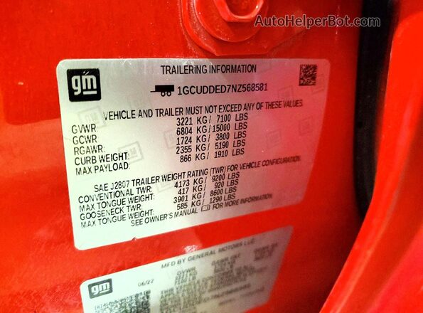1GCUDDED7NZ568581 2022 CHEVROLET SILVERADO Red VIN sticker view