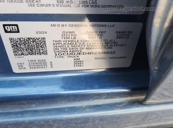 1GCUDJED4RZ306022 2024 CHEVROLET SILVERADO Синий Вид наклейки с VIN-кодом