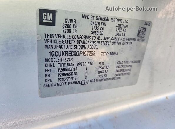 1GCUKREC9GF197258 2016 CHEVROLET SILVERADO Silver VIN sticker view