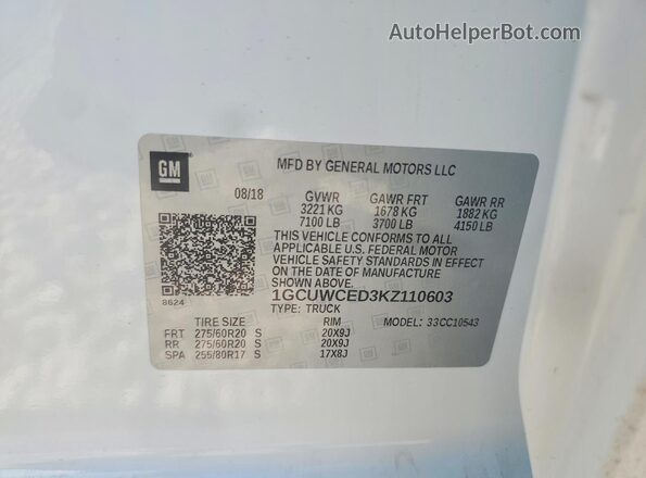 1GCUWCED3KZ110603 2019 CHEVROLET SILVERADO White VIN კოდის სტიკერის ხედი