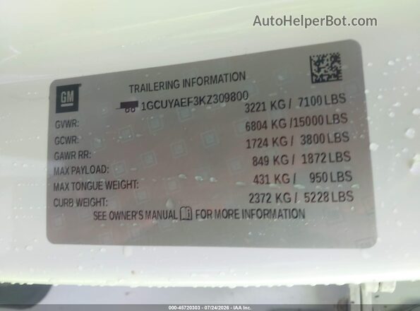 1GCUYAEF3KZ309800 2019 CHEVROLET SILVERADO White Widok komory silnika