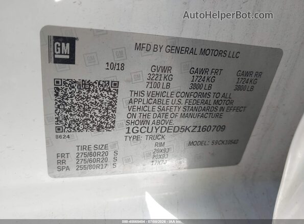 1GCUYDED5KZ160709 2019 CHEVROLET SILVERADO White Вид підкапотного простору