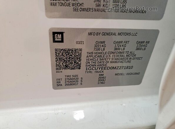 1GCUYEED0MZ271810 2021 CHEVROLET SILVERADO White Widok naklejki z numerem VIN