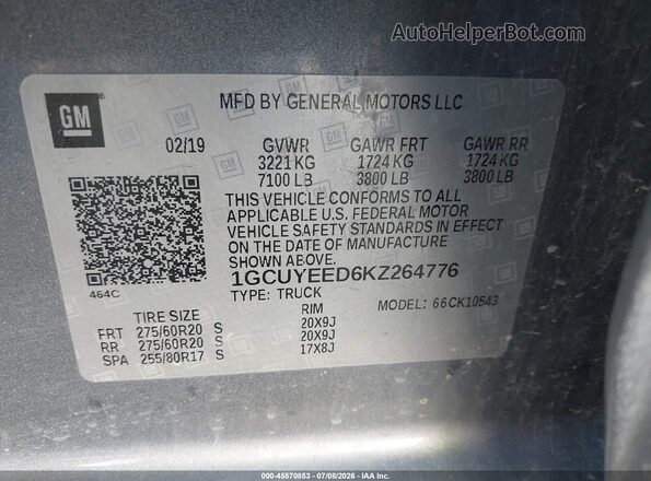 1GCUYEED6KZ264776 2019 CHEVROLET SILVERADO Gray Вид підкапотного простору