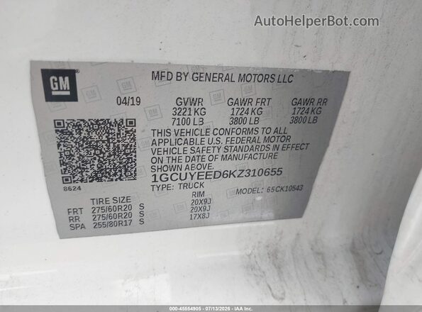 1GCUYEED6KZ310655 2019 CHEVROLET SILVERADO Белый Вид подкапотного пространства