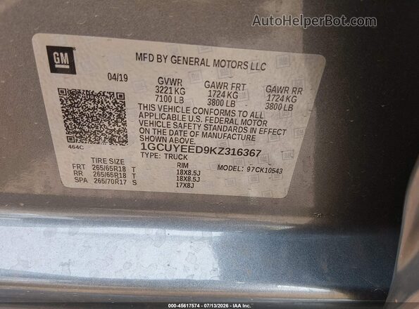 1GCUYEED9KZ316367 2019 CHEVROLET SILVERADO Gray Vista del compartimento del motor